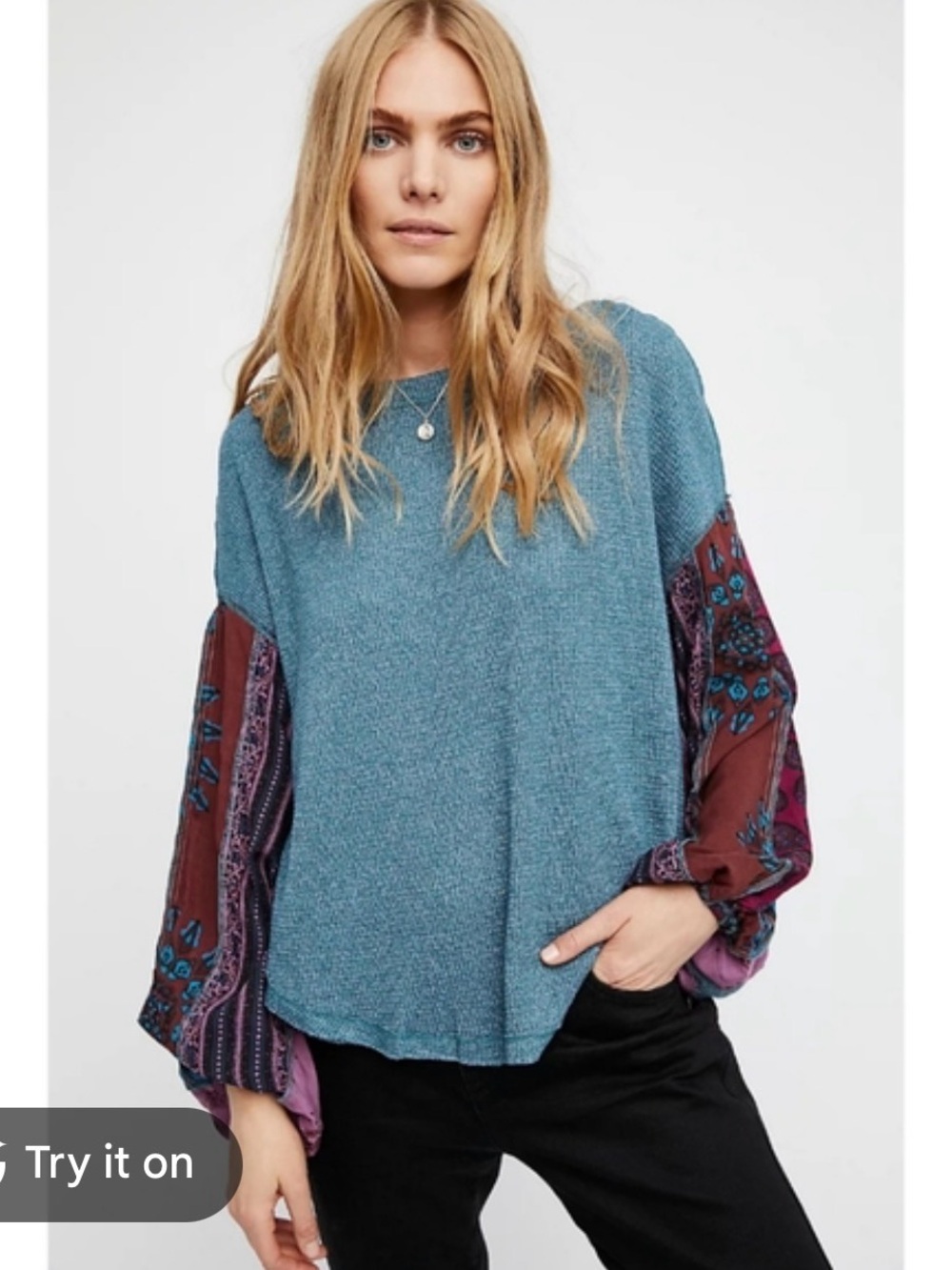 We The Free Blossom Teal Knit Thermal Top with Mixed Boho Balloon Sleeves